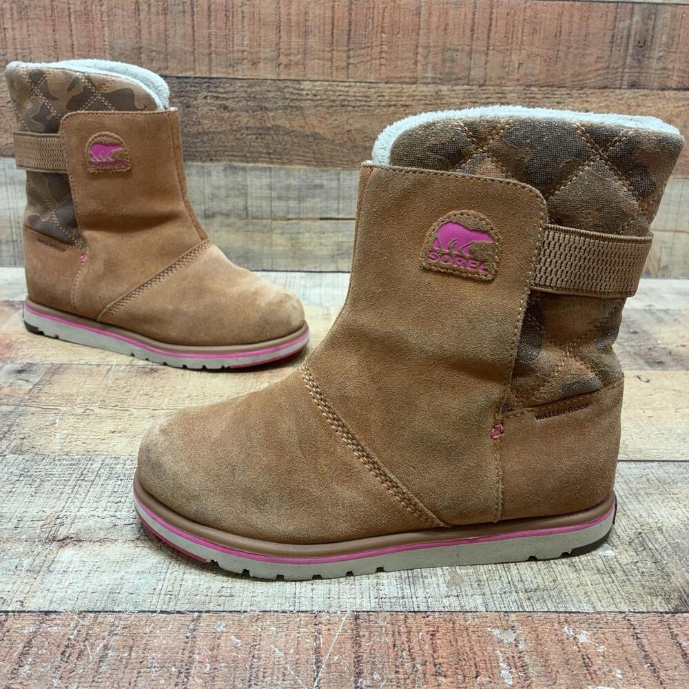 Sorel Snow Boots Kids Size 5 37 Brown Suede Camo Waterproof Ankle NY1909-286